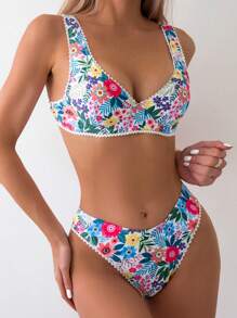 SHEIN Swim Conjunto de bikini separado de estampado aleatorio comprado, playa de verano - Multicolor - Ver 4