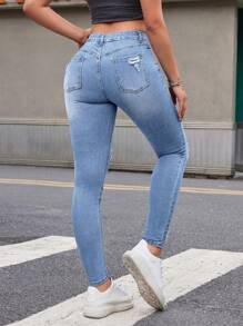 Women Street Style Distressed Skinny Jeans, Washed Denim With Holes, Fashionable And Versatile - Light Wash - View 2