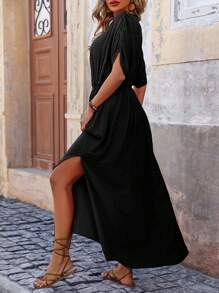 SHEIN LUNE Summer Casual Simple V-Neck Drawstring Waist Split Texture Dress