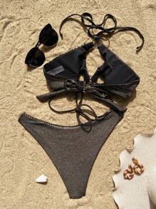 SHEIN Swim 夏季海灘環細節頸掛比基尼套裝兩件套 - 黑色 - 查看 4