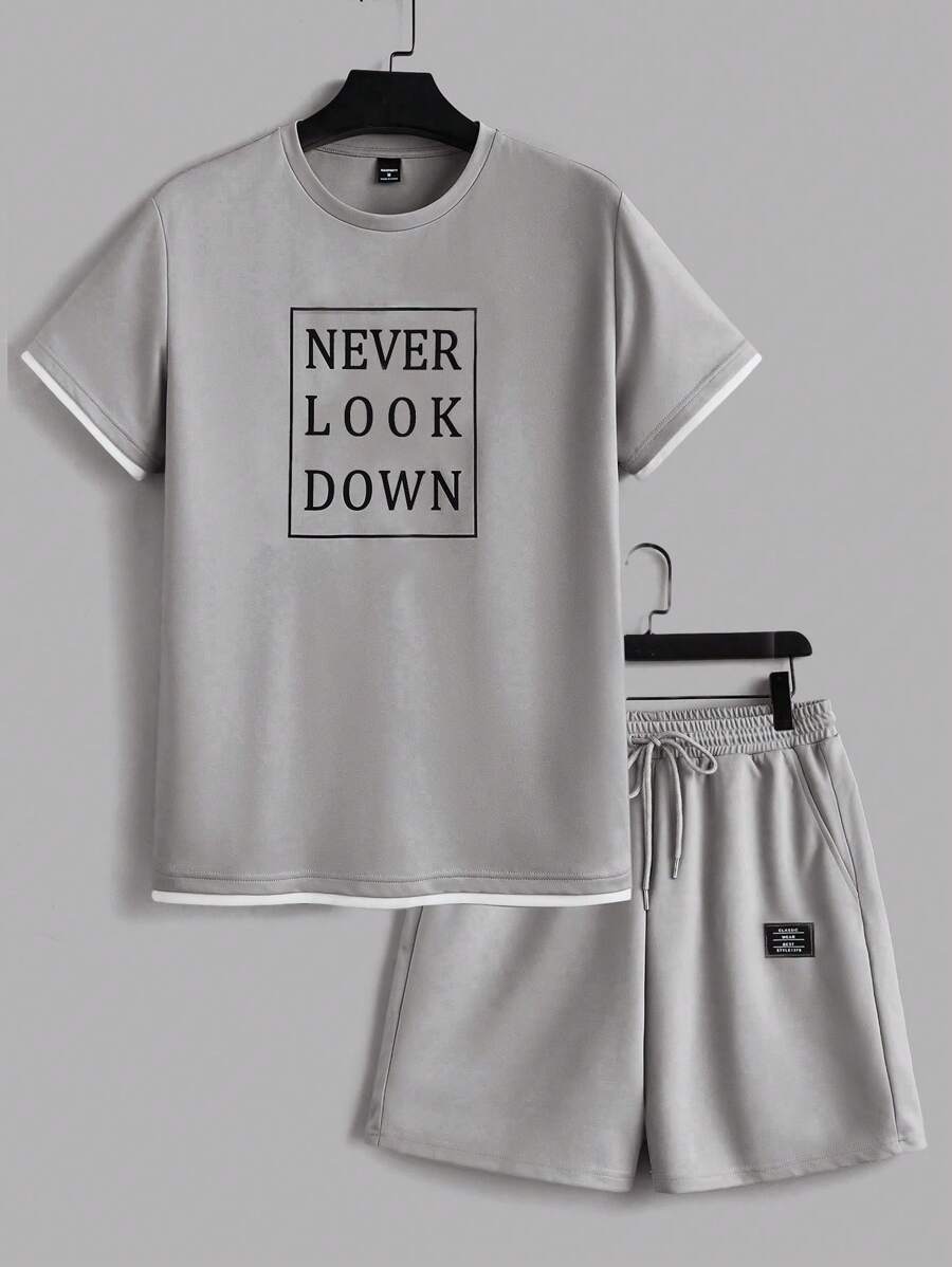 Manfinity RebelGame Men  Simple Printed Knitted Short Sleeve Top And Bottom Set - Light Grey - View 1