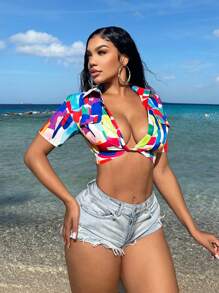 SHEIN SXY Summer Short Sleeve Ultra Crop Twist Front Shirt Beach Tops - Multicolor - View 4
