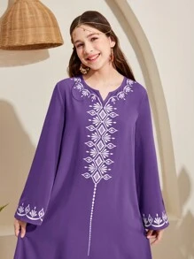 SHEIN 十幾歲女生幾何圖案凹口V領長袖休閒長裙 - 淺灰紫 - 查看 4