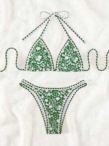 SHEIN Swim Bộ bikini cổ yếm in hoa có phần trên và dưới tách biệt, màu sắc ngẫu nhiên, đi biển mùa hè - màu xanh lá - Xem 6