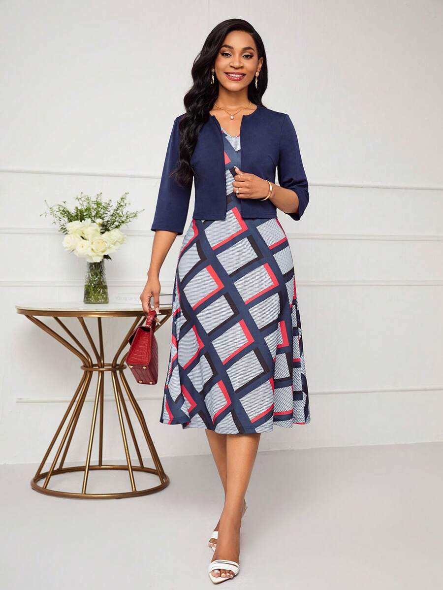 SHEIN Lady Women Full-Print Cinching Waist Dress And Open Front Jacket Two-Piece Set - Multicolor - View 1