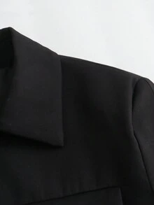 女士休闲短款红色夹克，带前口袋，女士优雅西装外套 - 黑色 - 查看 8