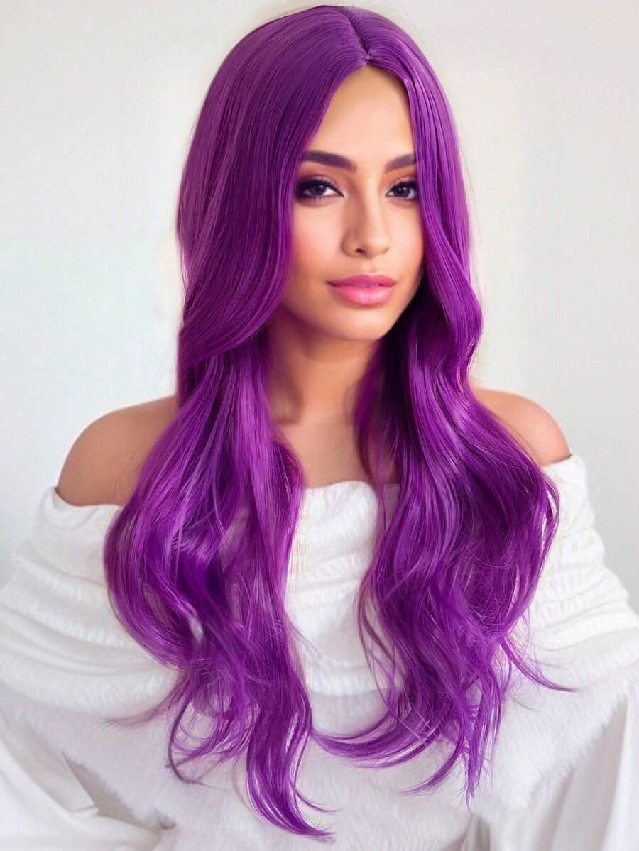 1 件 28 英寸紫色合成假髮,中分長捲髮,無劉海,非常適合派對、角色扮演、日常佩戴、萬聖節和聖誕節假髮