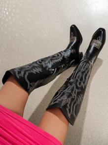 Fashion Square Toe Chunky Heel Embroidered Cowboy Boots - Black - View 1