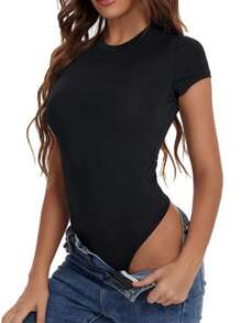 INAWLY Women's Summer Solid Color Short Sleeve Casual Bodysuit With Round Neck