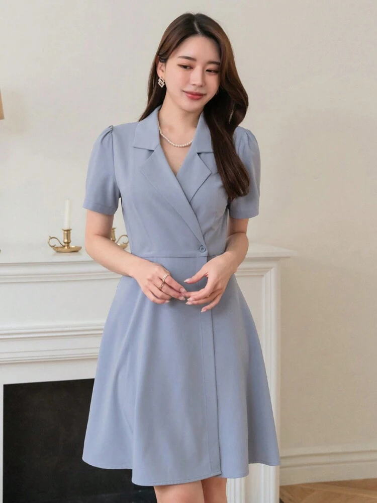Summer Elegant Short Sleeve Cinching Waist Blazer Wrap Dress With Collar Sundress