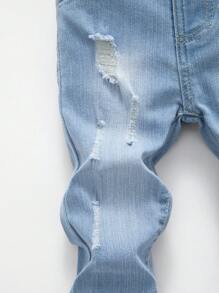 SHEIN Playful Pals Baby Boys' Light Washed Blue Distressed Stretch Denim Pants - Light Wash - View 3