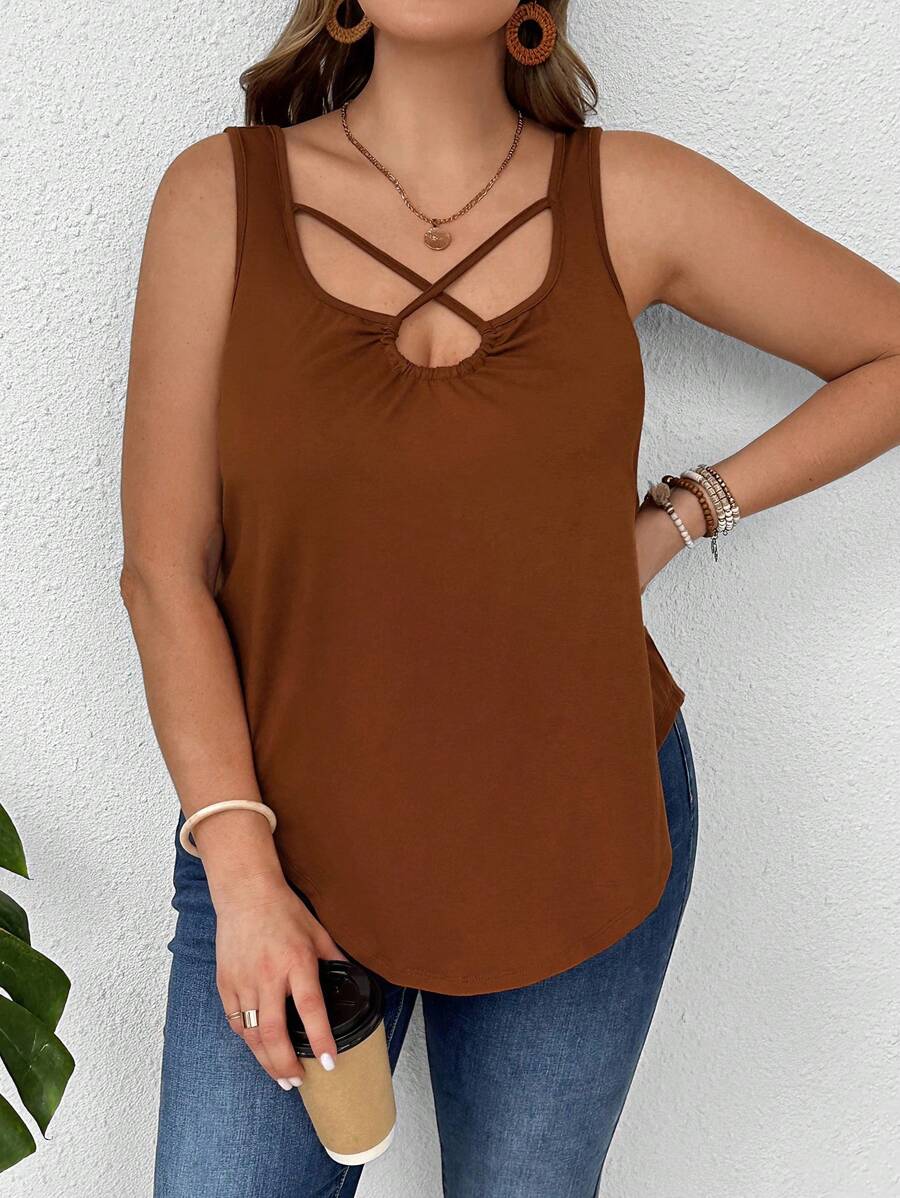 SHEIN LUNE Kích thước lớn Màu thuần Lỏng lẻo Thiết kế chéo Xu hướng: Cắt giảm Curved Hem Áo ba lỗ Cho mùa hè - màu nâu - Xem 1