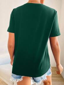 SHEIN Frenchy Summer Casual Heart Embroidery Round Neck Short Sleeve T-Shirt Thanks Giving Green Christmas Valentine's Day - Dark Green - View 2