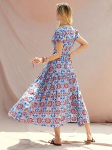 Bohemela Váy tay phồng cổ chữ V in họa tiết boho thường ngày mùa hè - Nhiều màu - Xem 2