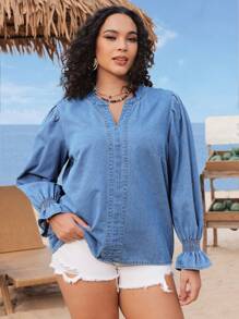 SHEIN VCAY Kích thước lớn Ngày lễ Cổ áo có khía Tay áo xù Tops Denim - Rửa trung bình - Xem 2