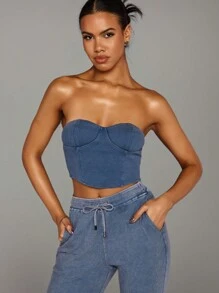 SHEIN BAE Áo Bralette phai màu theo phong cách vùng hoang mạc màu trơn, áo crop top viền bất đối xứng cut-out, áo ba lỗ dệt kim màu xanh xám, dành cho nữ, thích hợp để đi chơi, hàng ngày, thường ngày và tất cả các trang phục phù hợp trong mùa xuân và mùa hè - Màu xanh bụi bặm - Xem 1