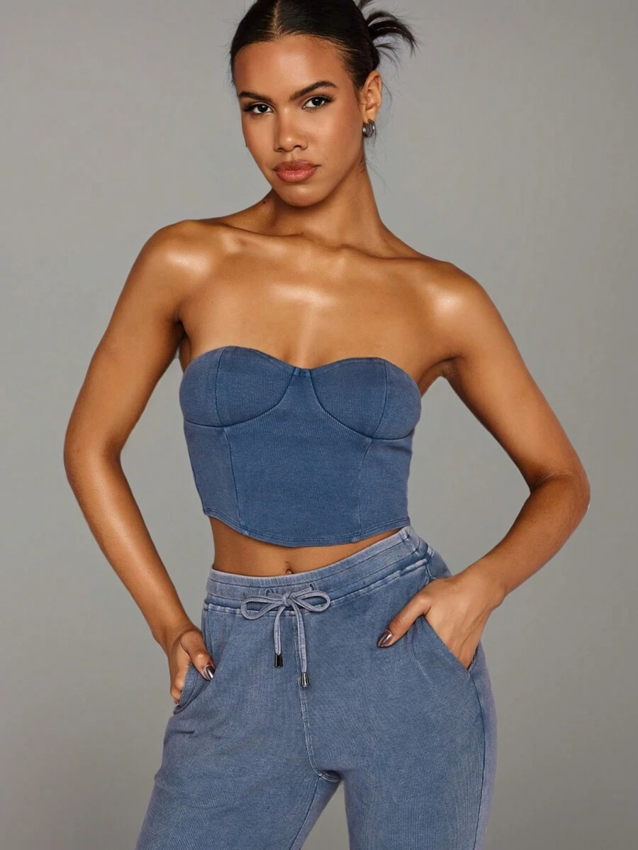 SHEIN BAE Áo Bralette phai màu theo phong cách vùng hoang mạc màu trơn, áo crop top viền bất đối xứng cut-out, áo ba lỗ dệt kim màu xanh xám, dành cho nữ, thích hợp để đi chơi, hàng ngày, thường ngày và tất cả các trang phục phù hợp trong mùa xuân và mùa hè - Màu xanh bụi bặm - Xem 1