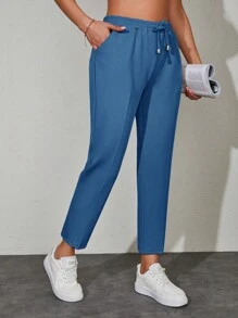 Drawstring Waist Slant Pocket Pants - Blue - View 4