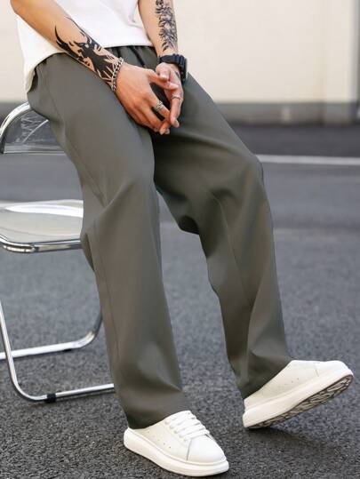 Manfinity Homme Men Solid Color Drawstring Waist Straight-Leg Casual Pants With Pockets, For Fall