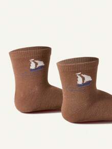SHEIN 3 pares Calcetines simples de patrón de barco a vela para bebé, calcetines cortos atléticos para verano, adecuados para exteriores