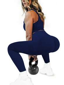 SHEIN Core Rhythm Quần legging bó cạp cao liền mạch dành cho nữ - Quần legging nâng mông co giãn 4 chiều, mềm mại, nhanh khô, thoáng khí, dùng để đi bộ đường dài, chạy xe đạp, tập yoga, bóng chày, thường ngày, màu xanh navy - Màu xanh hải quân - Xem 5