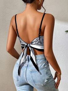 Chiquease Positioning Printed Asymmetrical Hemline Tie Back Sleeveless Top For Summer - Black - View 2