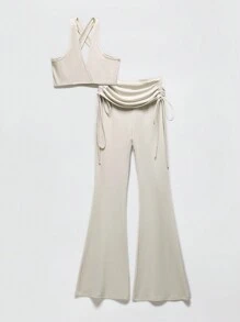 SHEIN EZwear 女士純色運動套裝,無袖上衣與喇叭褲,適用於瑜伽 - 杏色 - 查看 3