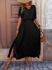 SHEIN LUNE Summer Casual Simple V-Neck Drawstring Waist Split Texture Dress