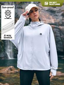 In My Nature Women's Hooded Sun Protection Jacket With Letter Print And Drop Shoulder Long Sleeve - White - View 1