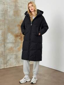 冬季保暖拉链连帽长款棉服外套 带斜口袋和抽绳的冬季外套