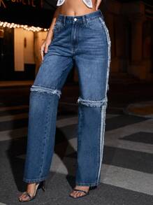 SHEIN BAE Raw Edge Casual Straight-Leg Jeans - Blue - View 6