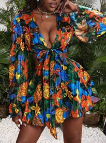 Slaydiva Đầm chữ A cổ yếm bằng vải chiffon in hoa dành cho nữ, có dây buộc eo, thích hợp cho tiệc Valentine, lễ hội âm nhạc, kỳ nghỉ, năm mới, thanh lịch và gợi cảm. - Màu xanh lam - Xem 3