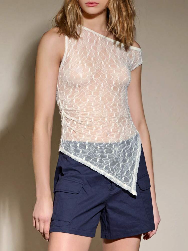Summer Sleeveless Top With Asymmetrical Sheer Hemline And Pleats