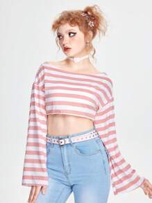 ROMWE Kawaii Striped Flounce Sleeve Tee - Pink - View 6