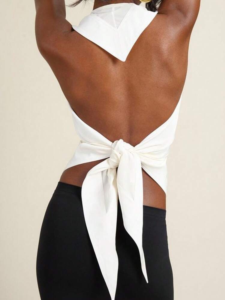 Women's White Knitted Casual Tank Top With Back Tie For Spring/Summer Backless Top