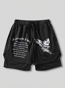 Manfinity Hypemode Men's Eagle Pattern Double Layer Shorts Sweat Letter Gym Dad And Me - Black - View 1