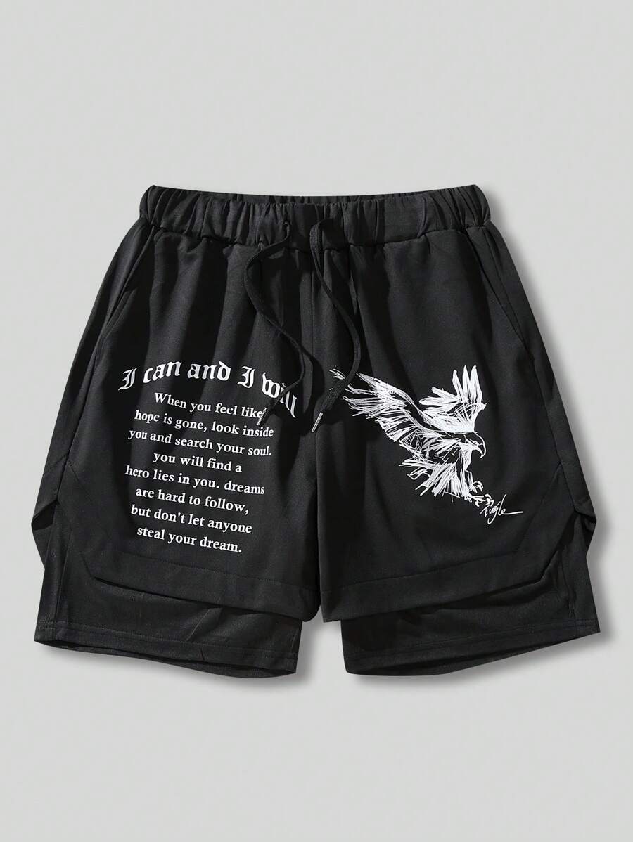 Manfinity Hypemode Men's Eagle Pattern Double Layer Shorts Sweat Letter Gym Dad And Me - Black - View 1