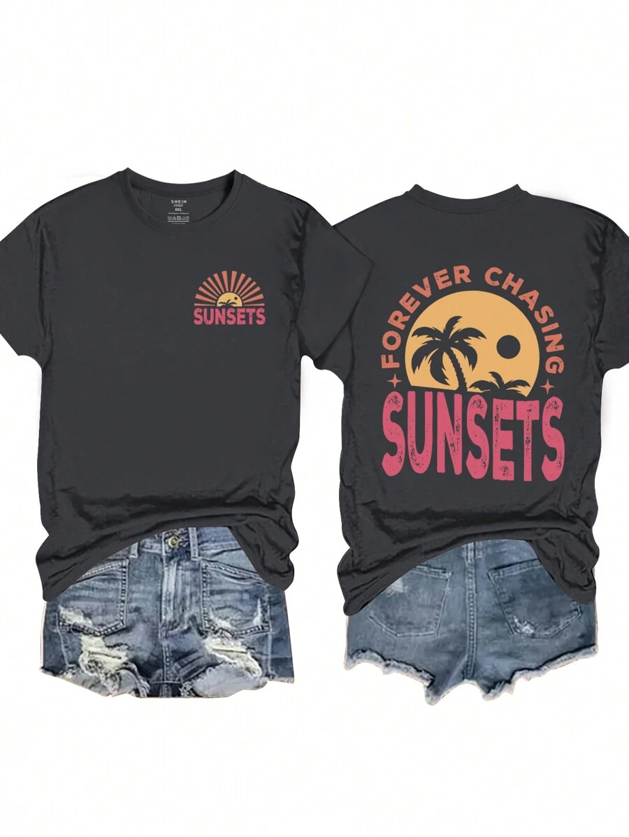 INAWLY Áo thun tay ngắn in họa tiết đơn giản, rộng rãi, thoải mái, cỡ lớn dành cho nữ FOREVER CHASING SUNSETS cho mùa hè - Màu xám đen - Xem 1