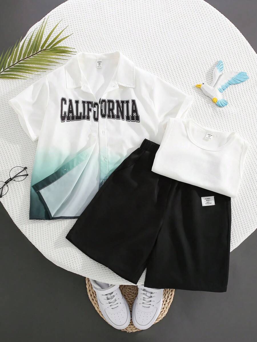 SHEIN Tween Boy Casual Streetwear Letter Printed Turn-Down Collar Short Sleeve Shirt And Solid Color Shorts Woven 2pcs/Set With Solid Color Knit Round Neck Tank Top, Multi-Pieces