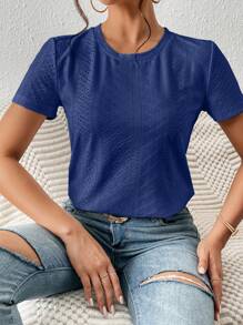 SHEIN Frenchy Blusa branca sólida com bordado de ilhós e gola redonda - Azul Royal - Visão 3