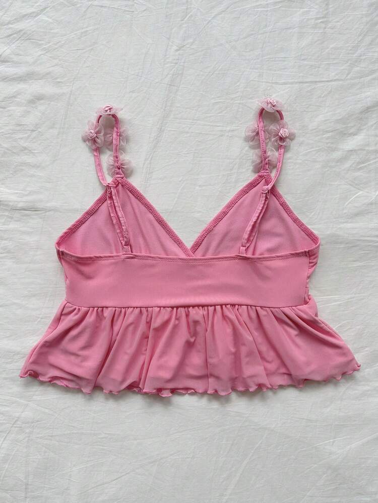 WYWH Women's Vacation Casual Pink 3D Flower Decor Elastic Waist Camisole