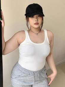 Dazy Petite Plus Kích thước lớn Màu thuần Gân đan Áo ba lỗ - trắng - Xem 4