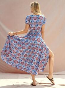 Bohemela Váy tay phồng cổ chữ V in họa tiết boho thường ngày mùa hè - Nhiều màu - Xem 5
