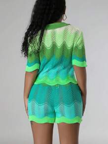 2pcs Women Color Block Crochet Short Sleeve Knit Top And Shorts Set - Green - View 2