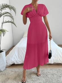 SHEIN Privé 夏季休閒深V領褶皺腰帶連衣裙 - 玫瑰紅 - 查看 6