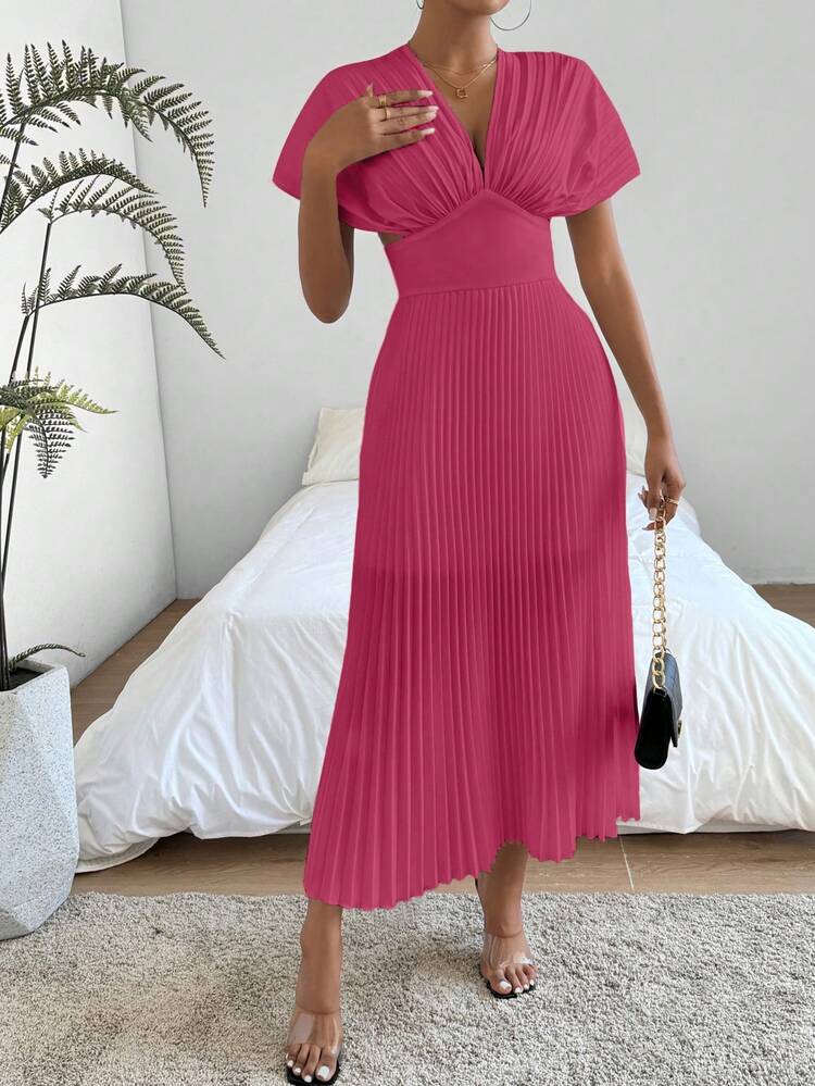 Summer Casual Deep V-Neck Pleated Waist Dress