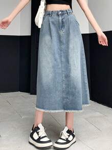 DAZY 女士毛边牛仔裙，适合春夏穿着 - 藍色 - 查看 7