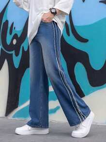 Teen Boy Quần denim ống rộng giản dị và sành điệu mới - Rửa tối - Xem 6