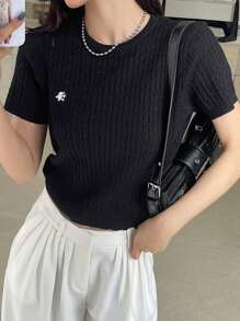 DAZY 女士圓領短袖針織上衣，適合春夏日常穿搭 - 黑色 - 查看 1