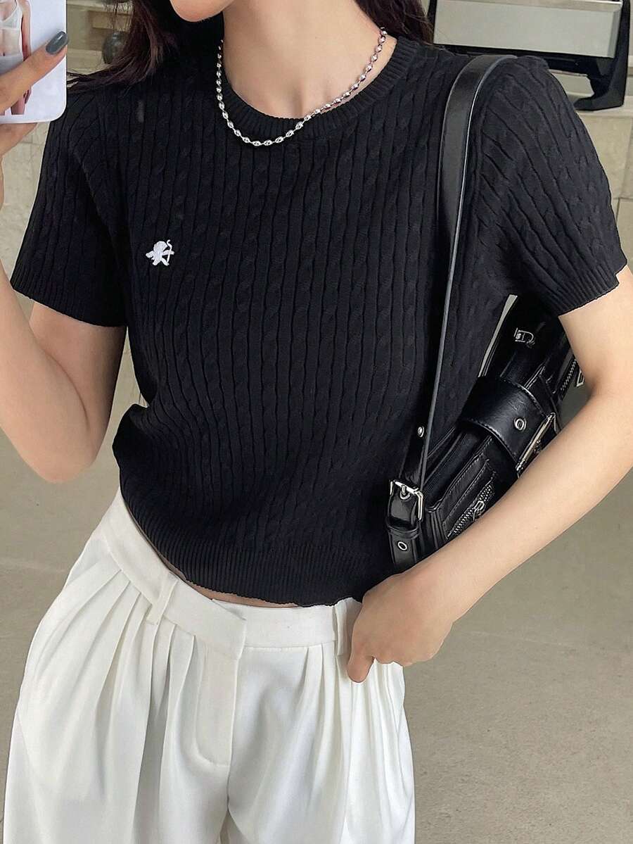 DAZY 女士圓領短袖針織上衣，適合春夏日常穿搭 - 黑色 - 查看 1